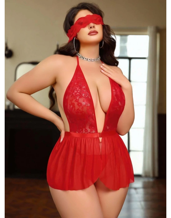 Kadın Dantel Göz Bantlı Boyundan Bağlamalı Fantazi Büyük Beden Gecelik  8001