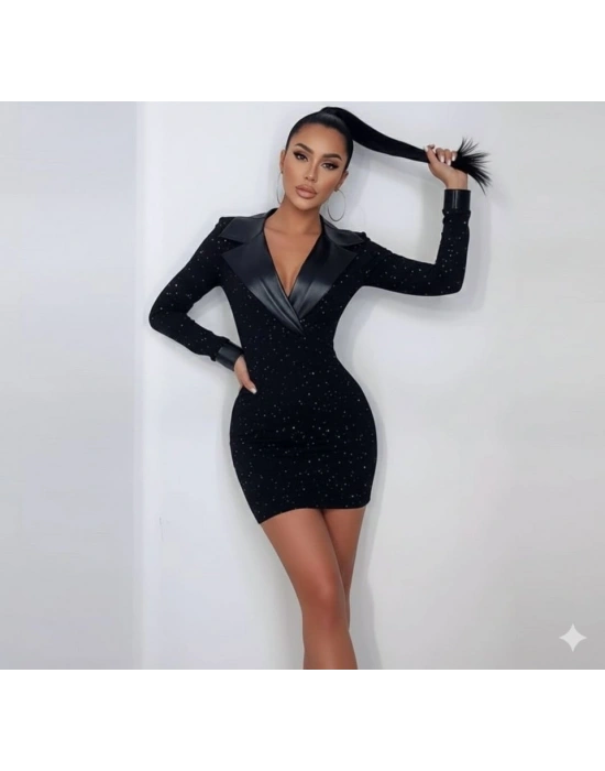 Kadın Deri Detaylı Manşet Yaka Simli Fukara Kumaş Mini Elbise