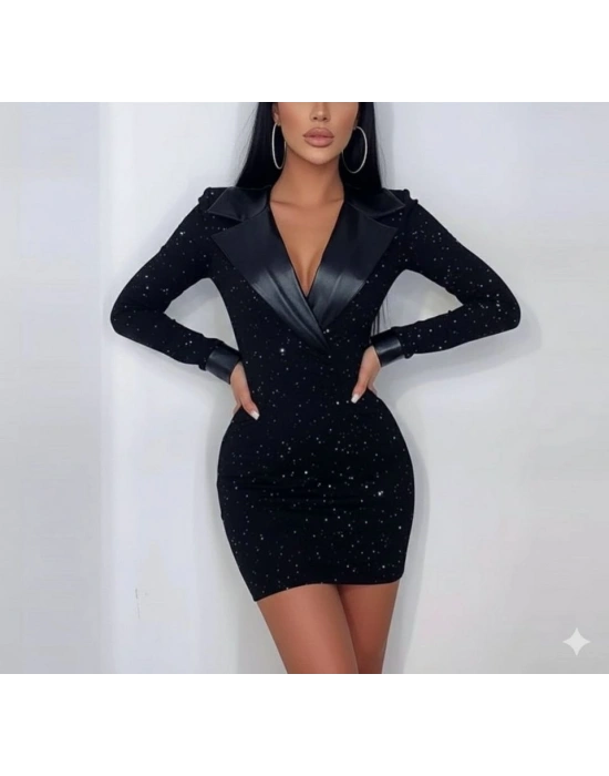 Kadın Deri Detaylı Manşet Yaka Simli Fukara Kumaş Mini Elbise