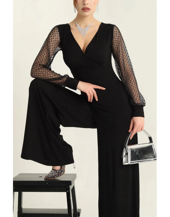 Kadın Derin V Yaka Kolları Puantiyeli Tül Detay Ispanyol Paça Tulum