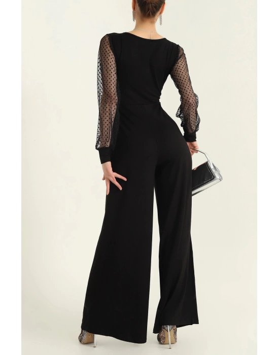 Kadın Derin V Yaka Kolları Puantiyeli Tül Detay Ispanyol Paça Tulum