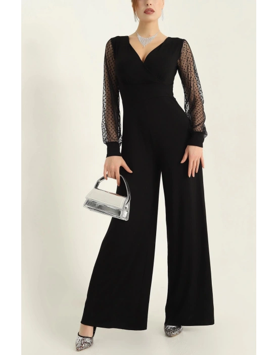 Kadın Derin V Yaka Kolları Puantiyeli Tül Detay Ispanyol Paça Tulum