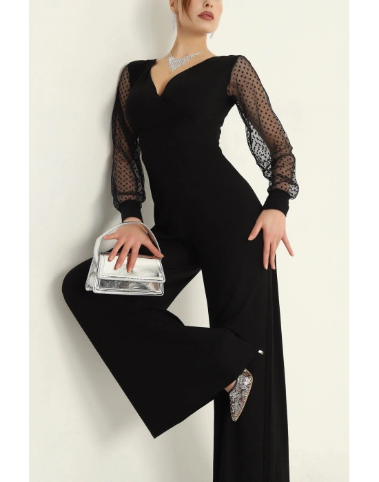 Kadın Derin V Yaka Kolları Puantiyeli Tül Detay Ispanyol Paça Tulum