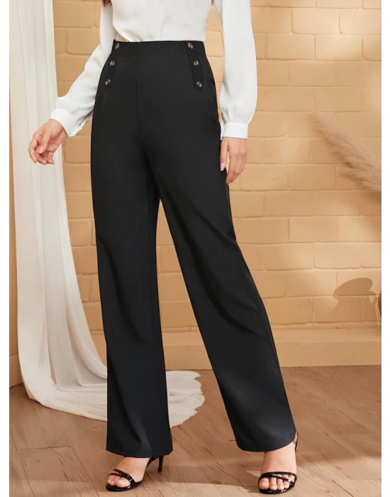 Kadın Düğme Detay Bol Paça Ithal Krep Pantolon