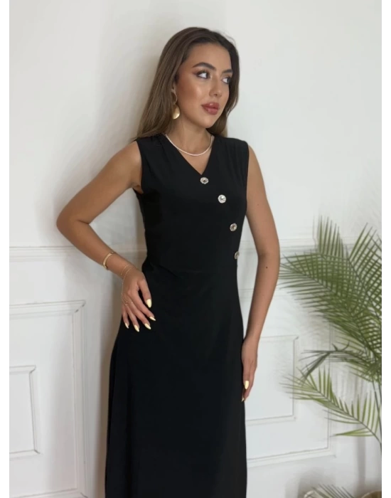 Kadın Düğme Detay Kolsuz Maxi Boy Elbise