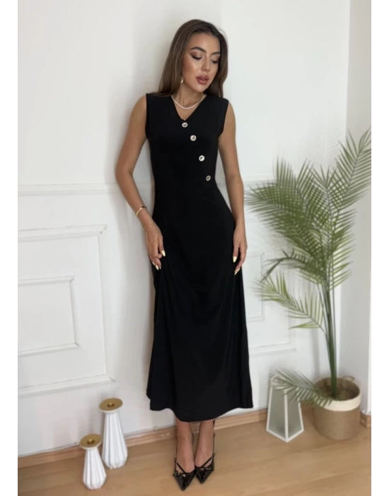 Kadın Düğme Detay Kolsuz Maxi Boy Elbise