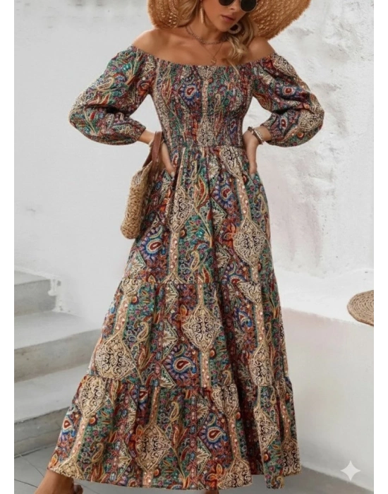 Kadın Düşük Omuzlu Beli Büzgülü Dijital Desenli Kesik Elyaf Süprem Uzun Elbise