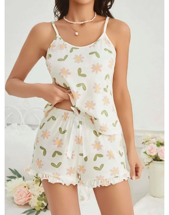 Kadın Ekru Çiçek Baskılı Şortlu Gecelik Pijama Takımı 5047