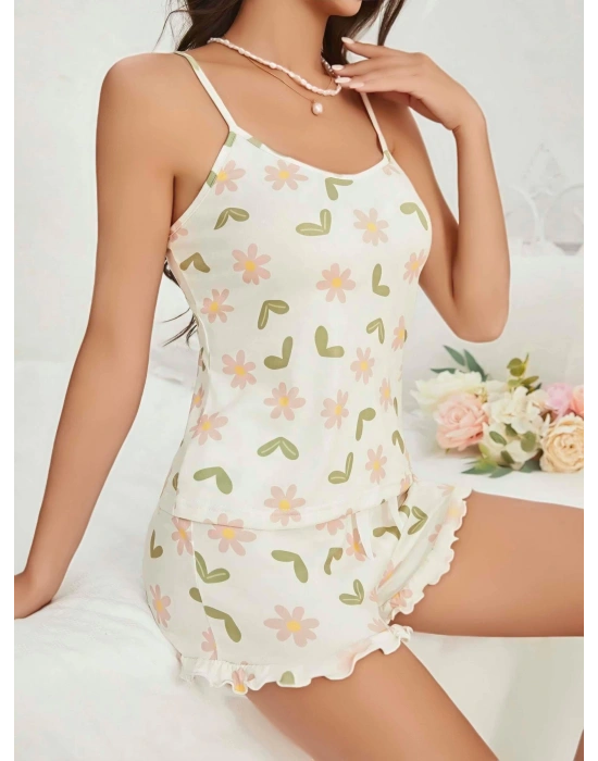 Kadın Ekru Çiçek Baskılı Şortlu Gecelik Pijama Takımı 5047