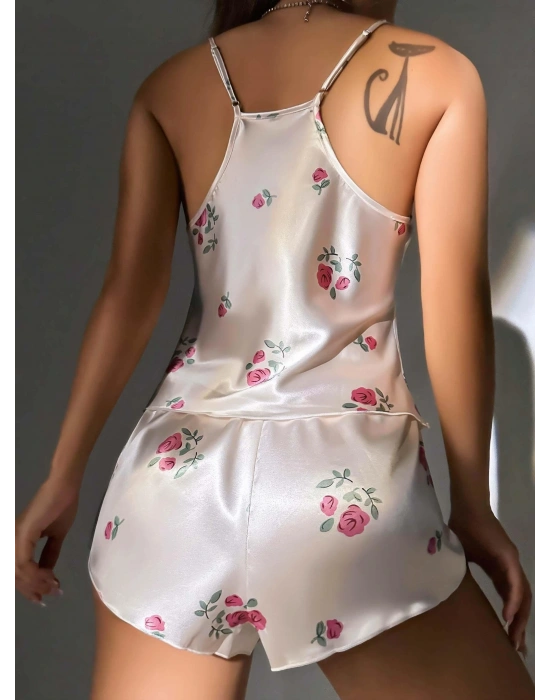 Kadın Ekru Gül Desenli Askılı Dantel Üst Pijama Takımı 2222