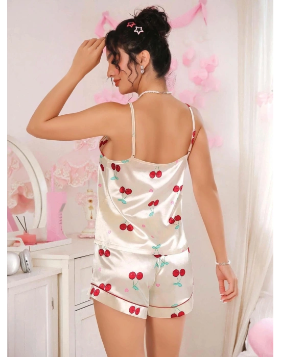 Kadın Ekru Kiraz Desenli Saten Şort Pijama Takımı 2226