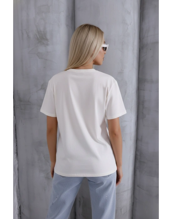 Kadın Ekru Yumuşak Dokulu Pamuklu Oversize Kalıp Bisiklet Yaka Basic T-Shirt
