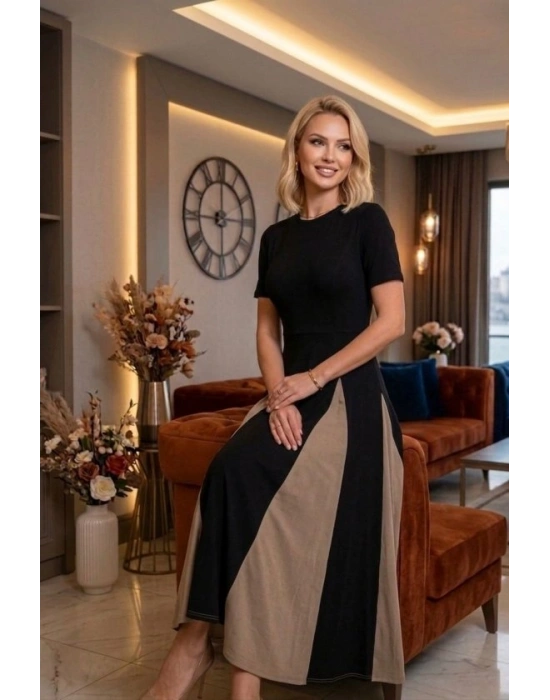 Kadın Eteği Parçalı Kısa Kol Maxi Elbise