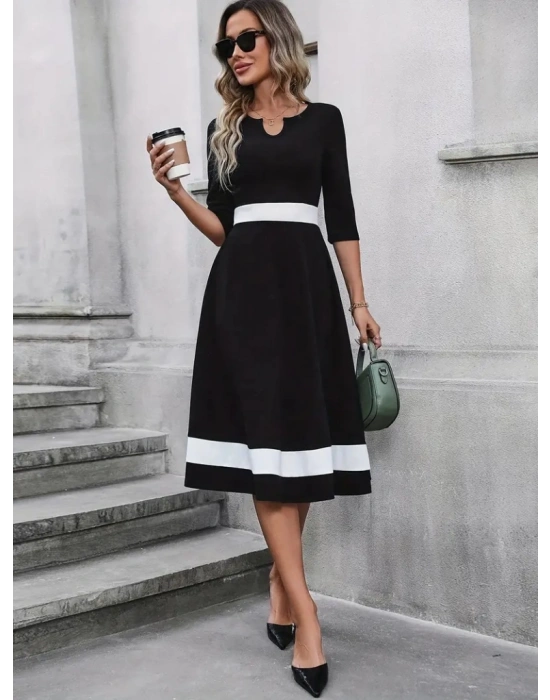 Kadın Truvakarkol Yakası Açık Blok Renkli Krep Midi Elbise