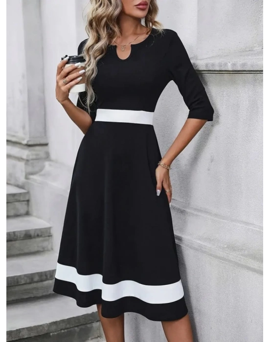 Kadın Truvakarkol Yakası Açık Blok Renkli Krep Midi Elbise