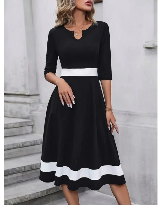 Kadın Truvakarkol Yakası Açık Blok Renkli Krep Midi Elbise