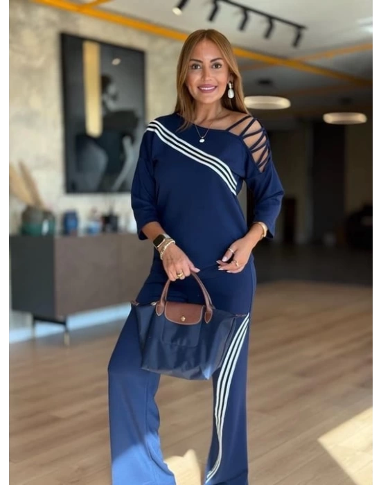 Kadın Fakir Kollu Omuz Dekolteli çapraz Ribana Detay Bluz Ve Pantolon Ikili Takım