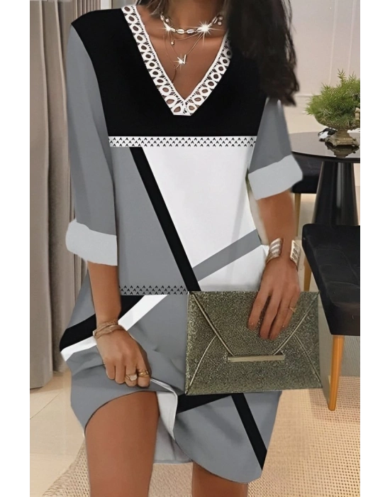 Kadın Fakir Kollu V Dantel Yaka Geometrik Desenli Dalgıç Elbise