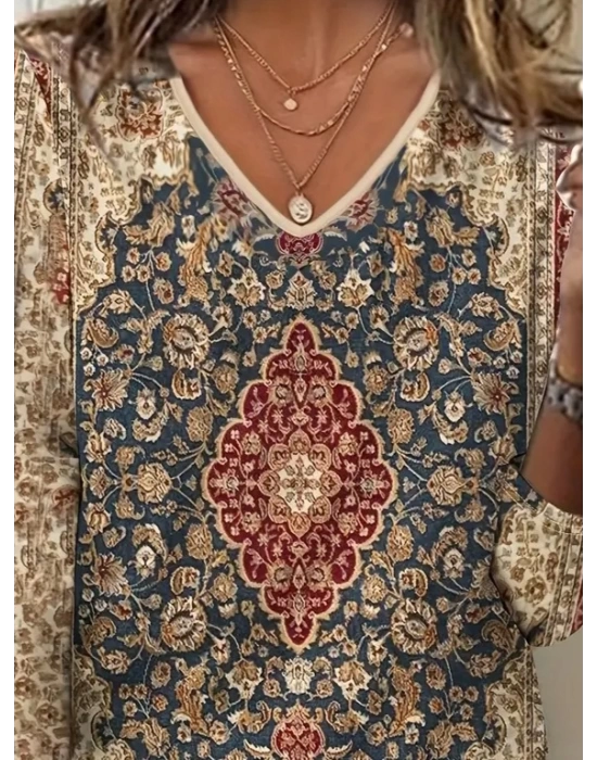 Kadın Fakir Kollu V Yakalı Etnik Desenli Süprem Bluz