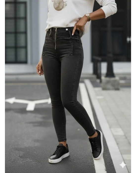 Kadın Fermuar Detay Yüksek Kemerli Kot Pantolon