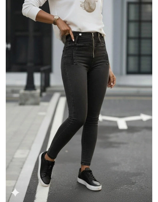 Kadın Fermuar Detay Yüksek Kemerli Kot Pantolon