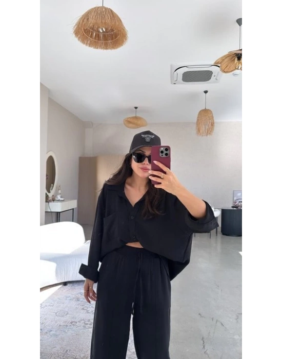 Kadın Flamlı Keten Tek Cep Oversızed Gömlek