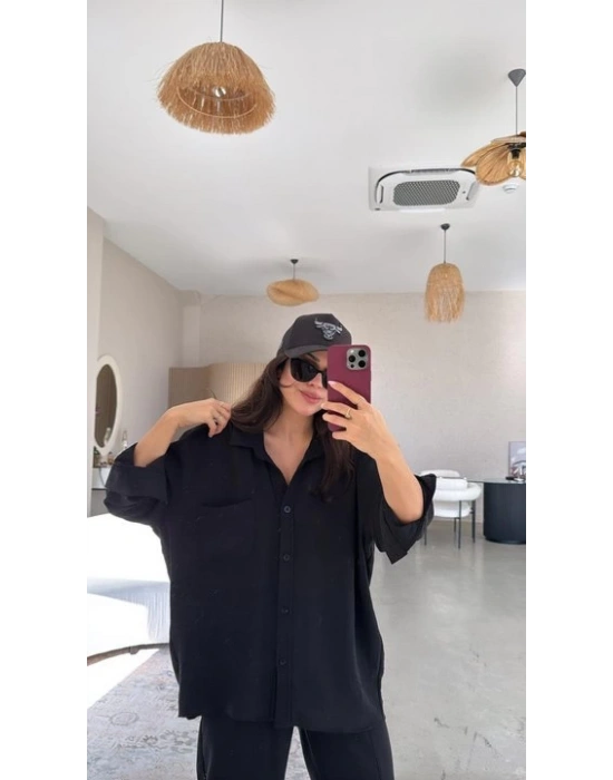 Kadın Flamlı Keten Tek Cep Oversızed Gömlek