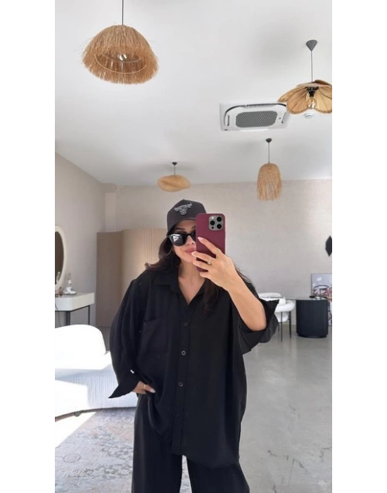 Kadın Flamlı Keten Tek Cep Oversızed Gömlek