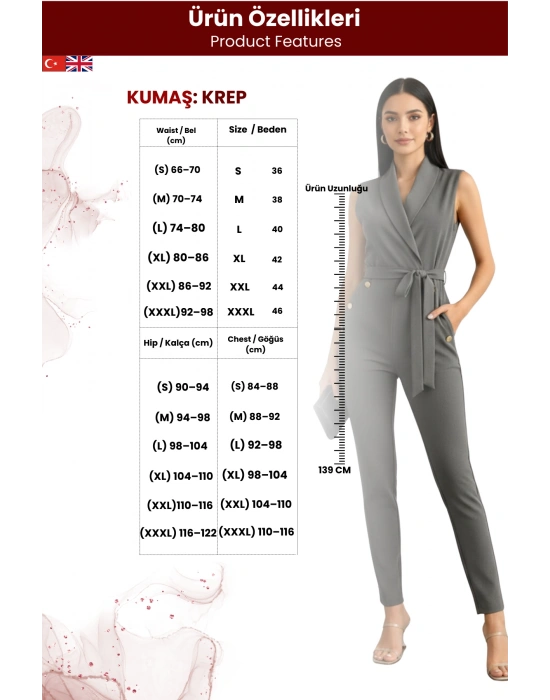 Kadın Gold Düğmeli Krep Kumaş Kendinden Kuşaklı Tulum