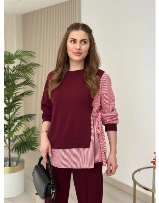Kadın Gömlek Detay çizgili Yandan Bağlamalı Ikili Takım