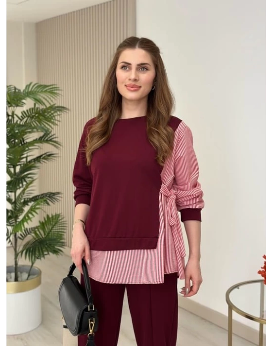 Kadın Gömlek Detay çizgili Yandan Bağlamalı Ikili Takım