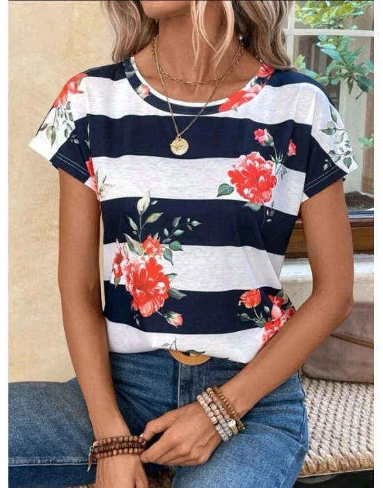Kadın Gül Desenli çizgili Süprem Tshirt