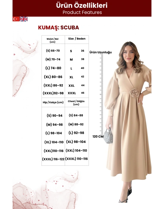 Kadın Gül Detay Balon Kol Kruvaze Yaka Pileli Scuba Kumaş Elbise
