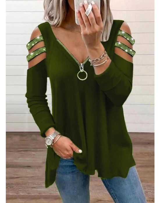 Kadın Haki Kolları Taş Işlemeli Uzun Kol Fermuarlı Viskon Bluz