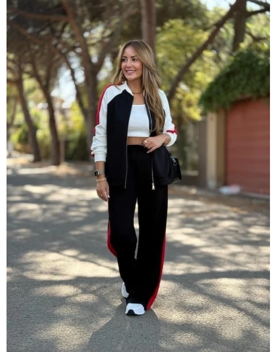 Kadın Hakim Yaka şerit Detay Hırka Ve Bol Paça Pantolon Ikili Takım