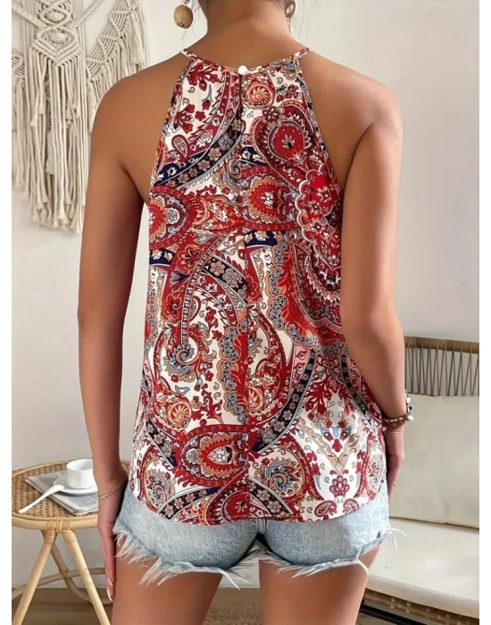 Kadın Halter Kollu Damla Detaylı Desenli Süprem Bluz