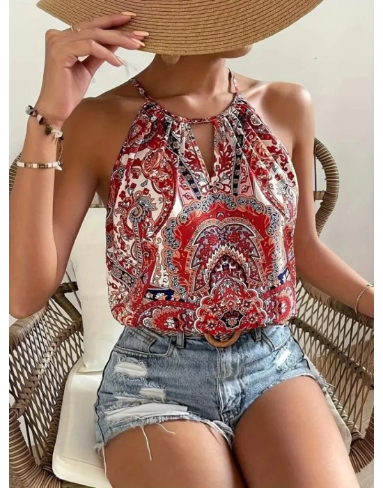 Kadın Halter Kollu Damla Detaylı Desenli Süprem Bluz