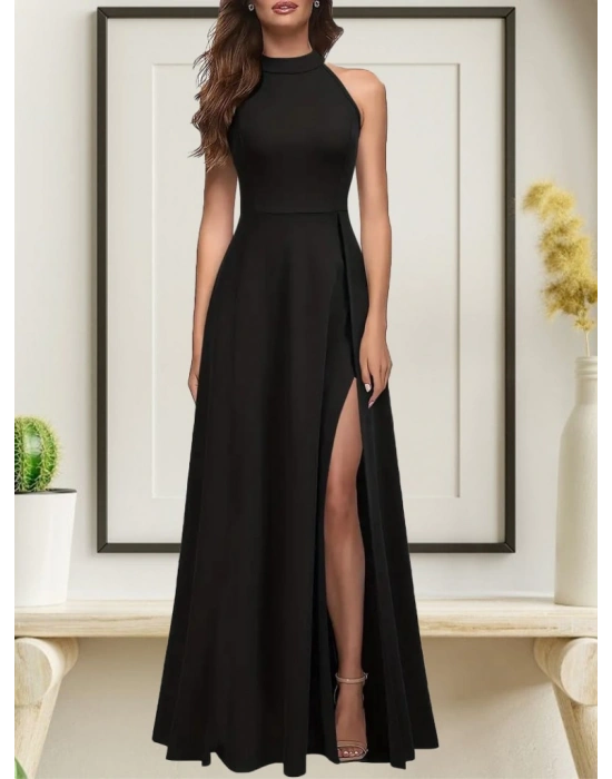 Kadın Halter Yaka Derin Yırtmaç Detaylı Tam Boy Ithal Krep Abiye Elbise