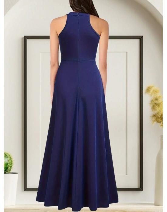 Kadın Halter Yaka Derin Yırtmaç Detaylı Tam Boy Janjan Krep Abiye Elbise