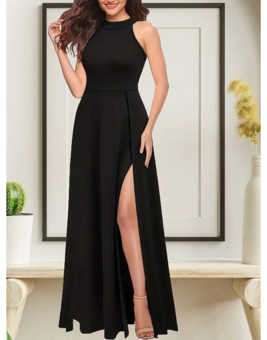 Kadın Halter Yaka Derin Yırtmaç Detaylı Tam Boy Ithal Krep Abiye Elbise