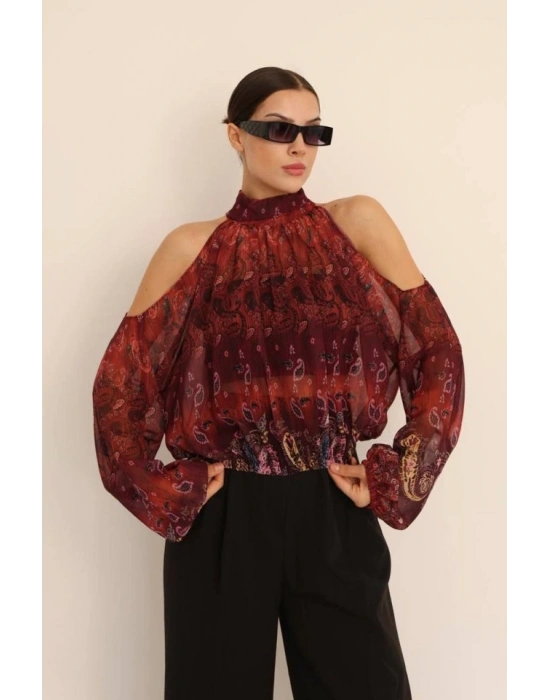 Kadın Halter Yaka Full Transparan Omuz Dekolteli Bluz