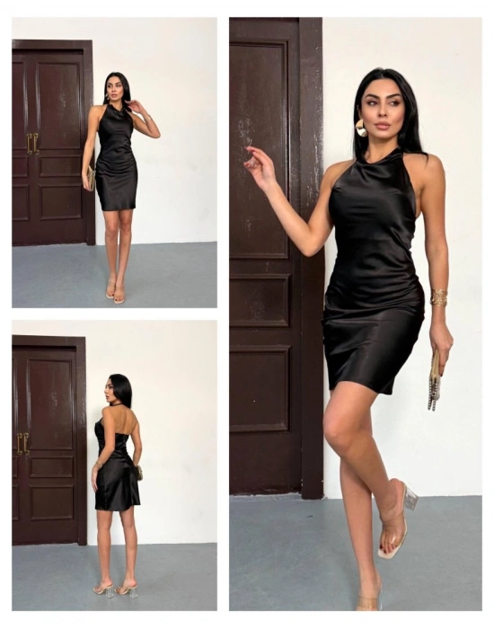 Kadın Halter Yaka Sırt Dekolteli Mini Saten Elbise