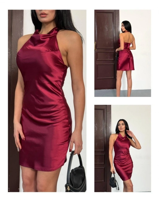 Kadın Halter Yaka Sırt Dekolteli Mini Saten Elbise