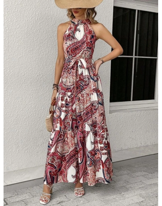 Kadın Halter Yakalı Omuzlardan Açık Kuşaklı Maksi Boy Desenli Süprem Elbise