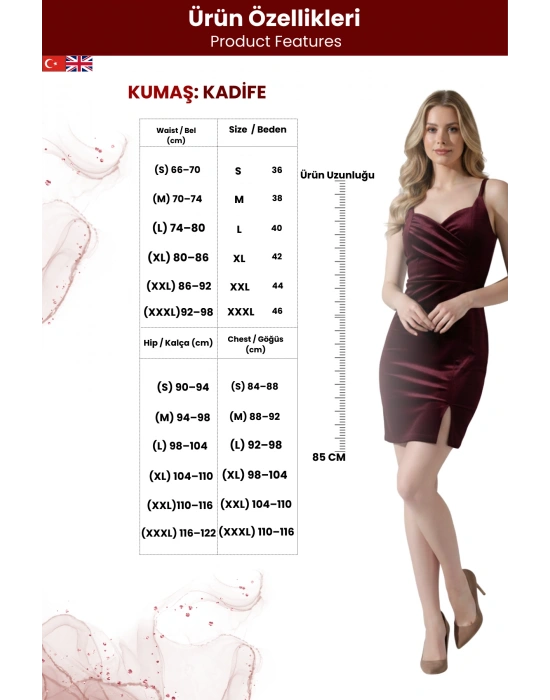 Kadın İnce Askılı Yırtmaç Detay Kadife Kumaş Kısa Elbise