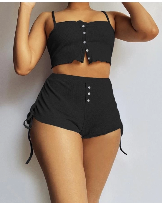Kadın Ip Askılı Crop Bluz Ve Yanlardan Büzgülü Ikili Kaşkorse Short Takım