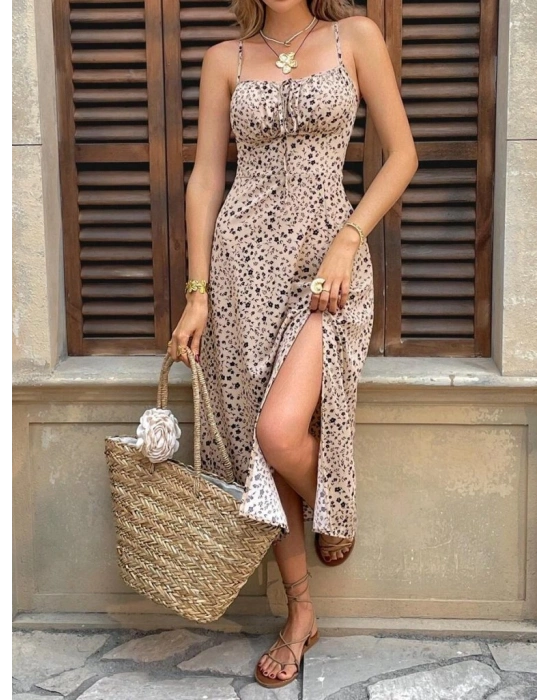 Kadın Ip Askılı Desenli Yırtmaçlı Süprem Midi Elbise