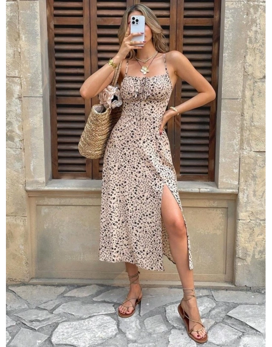 Kadın Ip Askılı Desenli Yırtmaçlı Süprem Midi Elbise