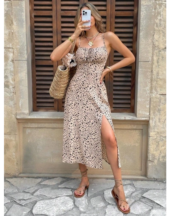 Kadın Ip Askılı Desenli Yırtmaçlı Süprem Midi Elbise