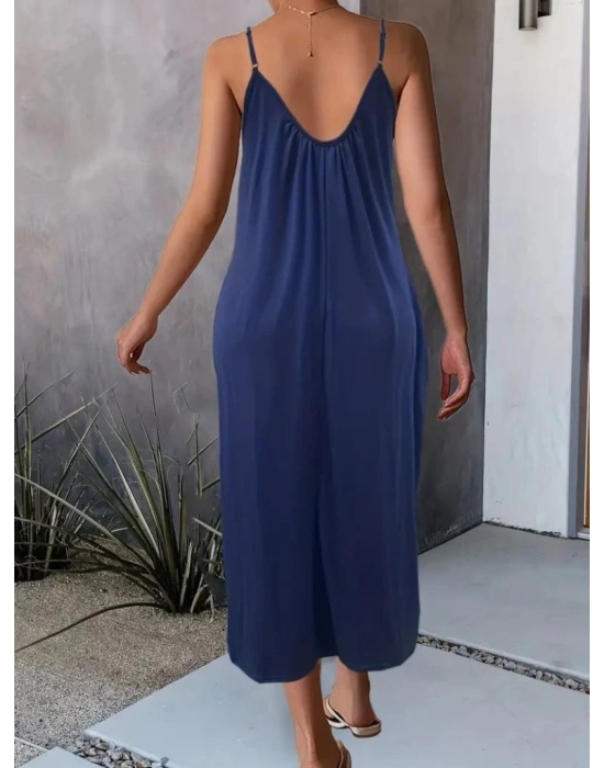 Kadın Ip Askılı Geniş V Yakalı Viskon Elbise